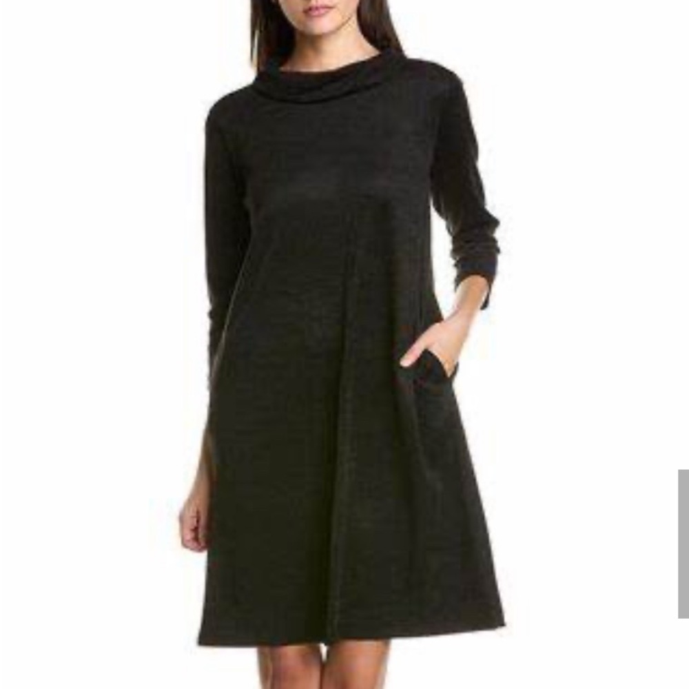 J. McLaughlin Black Sheath Dress with 3/4 Sleeves and Mock Neck